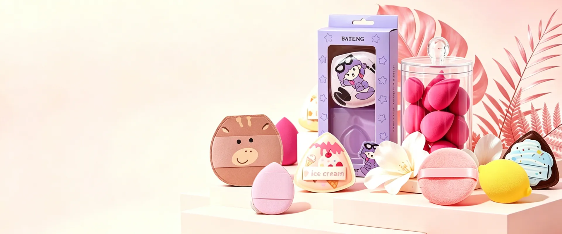 Beauty tools, packaging and makeup sponges arranged for wholesale and private-label projects