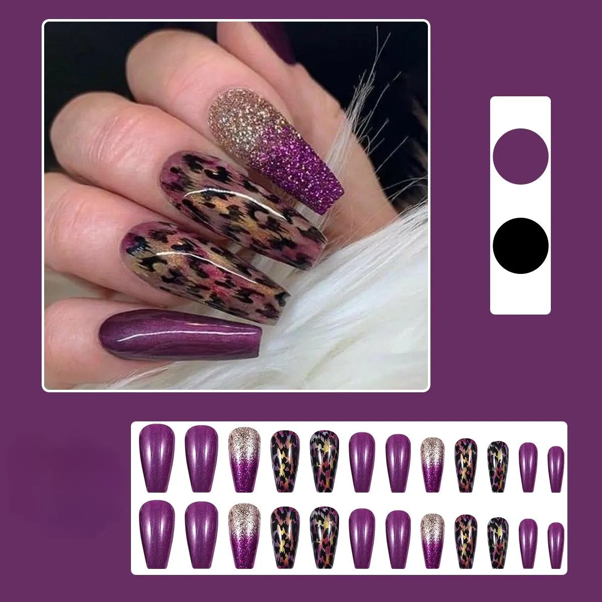 24pcs Long Coffin Purple Leopard Glitter Press detail image