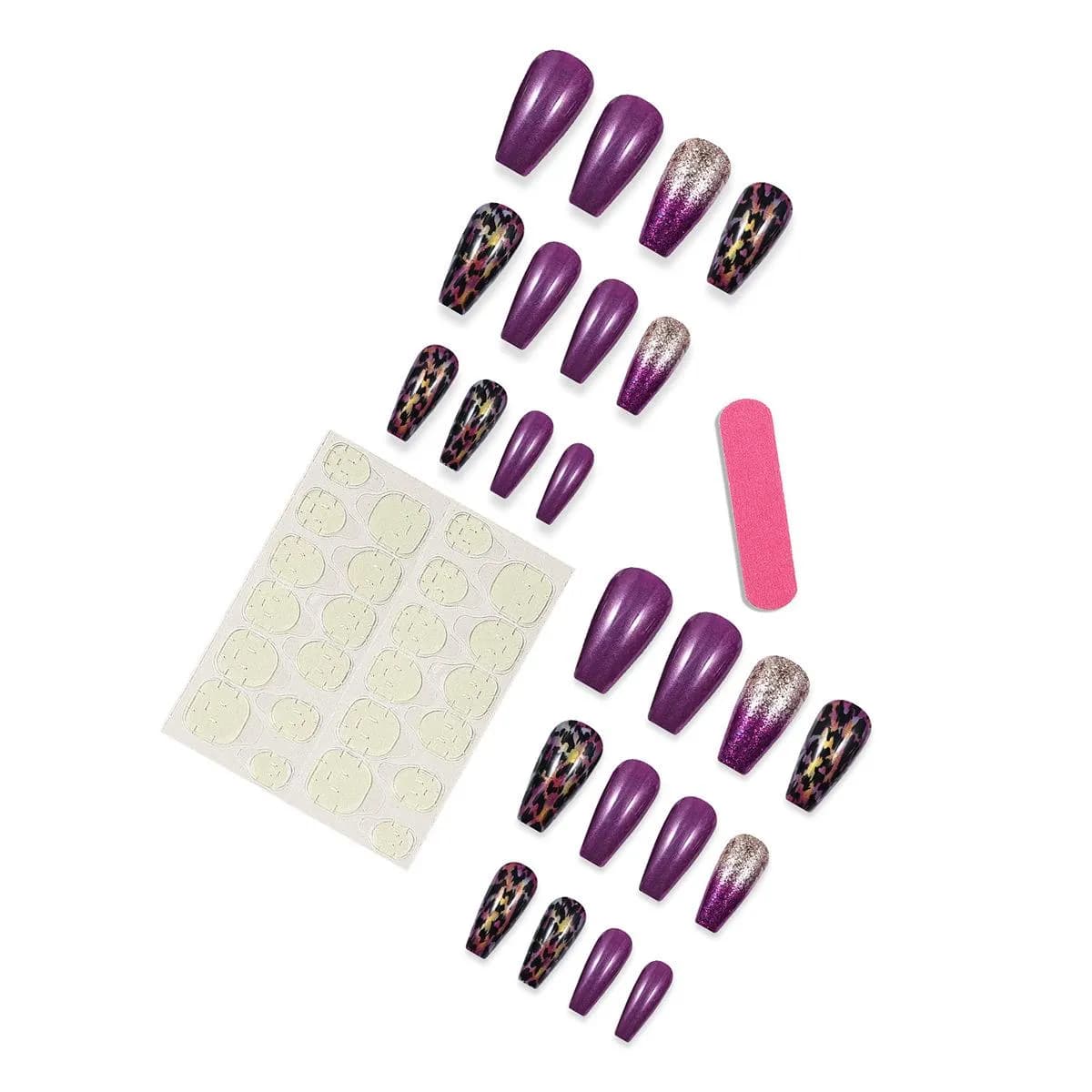 24pcs Long Coffin Purple Leopard Glitter Press detail image