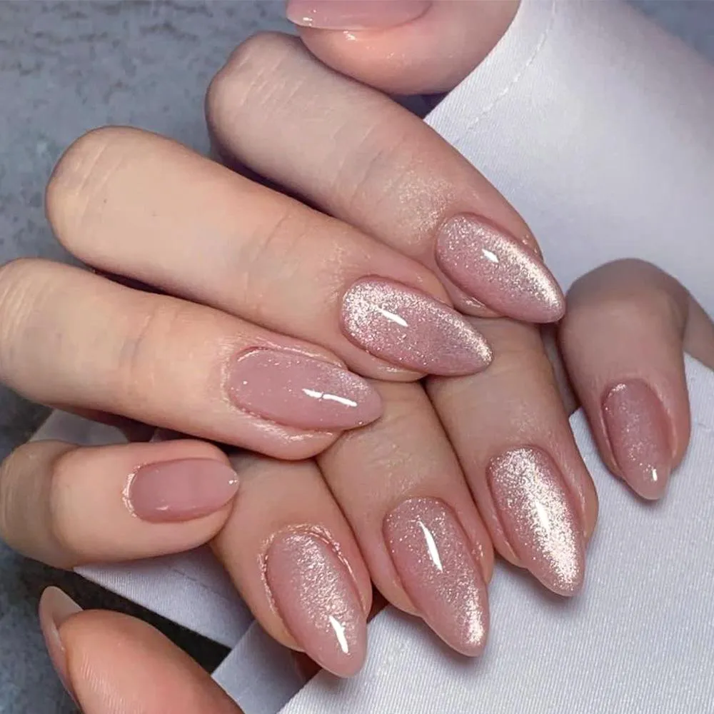 24pcs Medium Nails Nude Cat Eye Press On Nails Fake Nails Manicure Set detail image